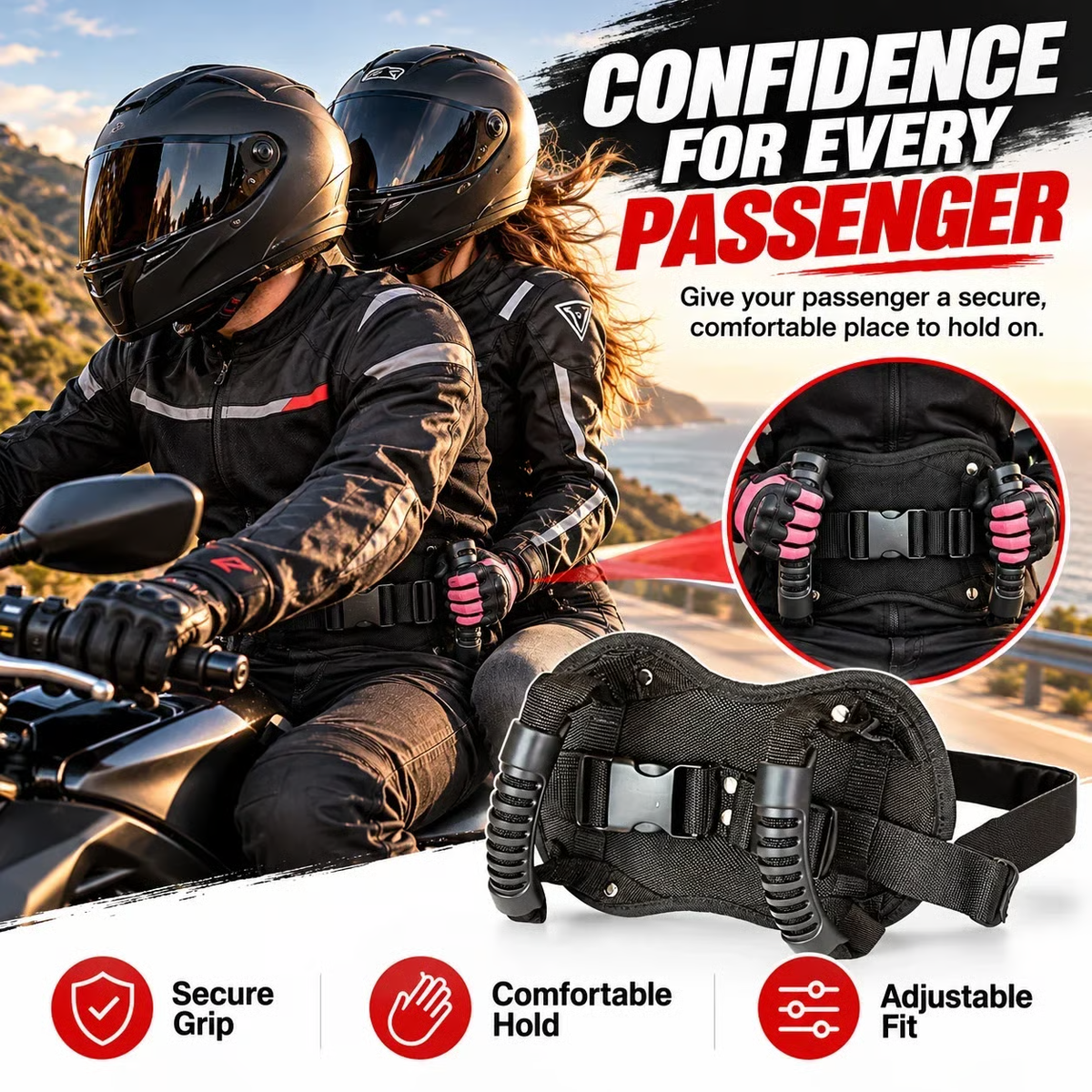 🏍️Motorcycle Passenger Grab Handle Belt – Non-slip, Adjustable, Heavy-Duty